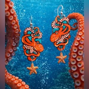 Octopus Handpainted Earrings sterling silver wires One of a kind